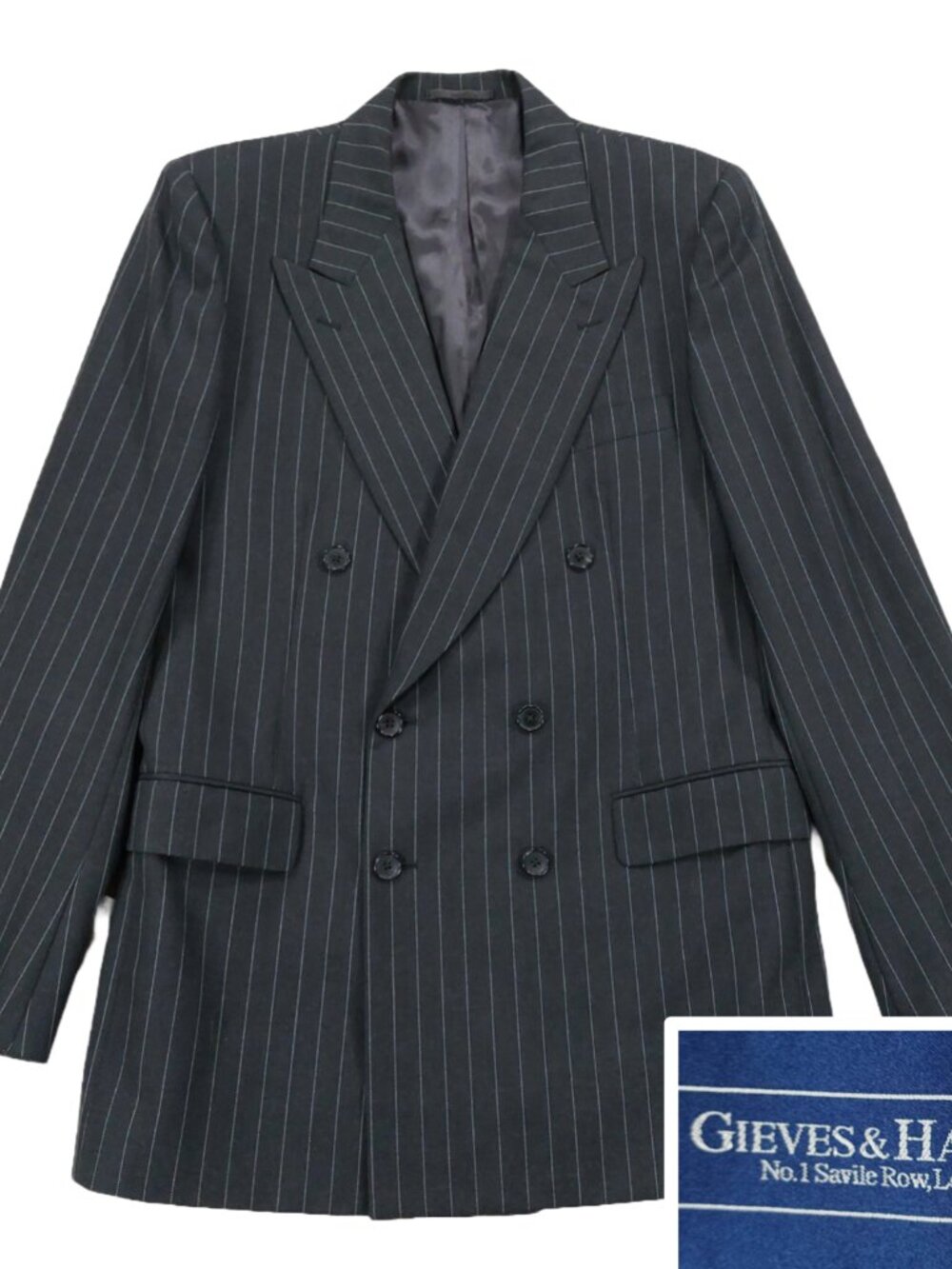 Gieves & Hawkes Double Breasted Blazer 40L, Wool Pinstripe Dark Grey, Savile Row